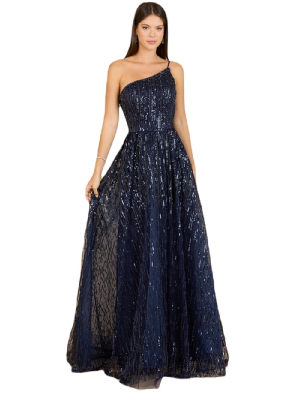 Navy One-Shoulder Sequin Evening Gown blue size XS